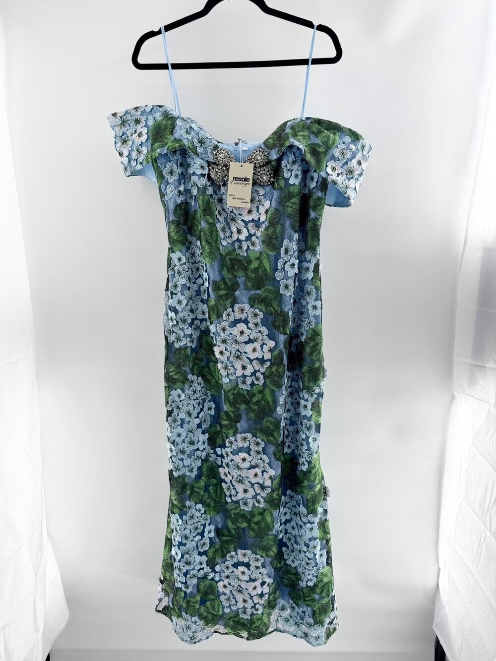 Ted Baker Embroidered Floral Cold-Shoulder Midi Dress Rhinestones Blue Green XL